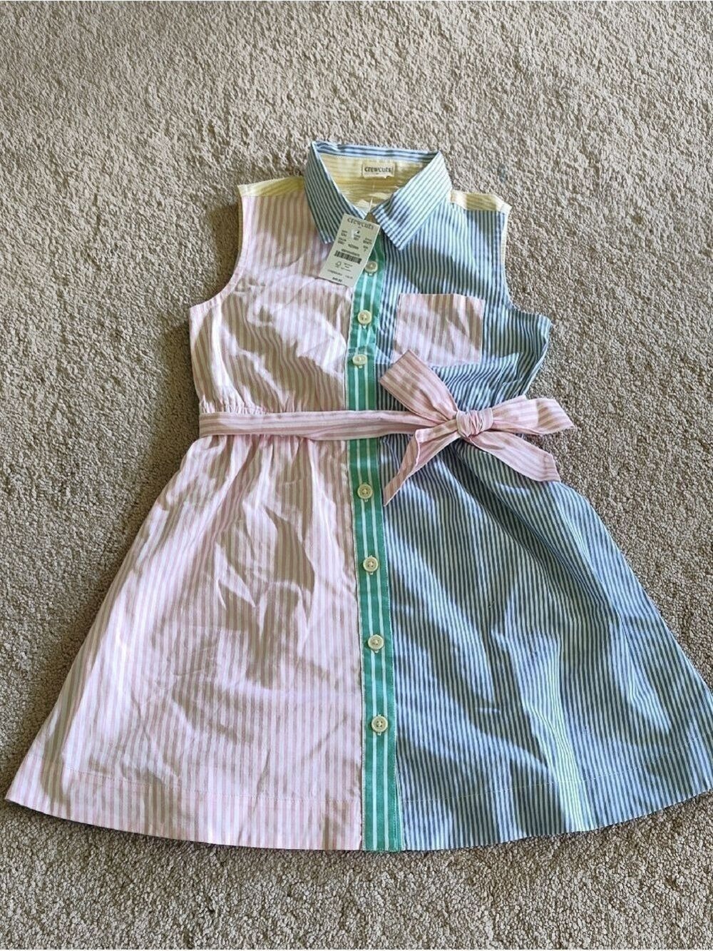 Crewcut Pink, Blue,Green & Yellow Striped Tie-Waist Shirt Dress